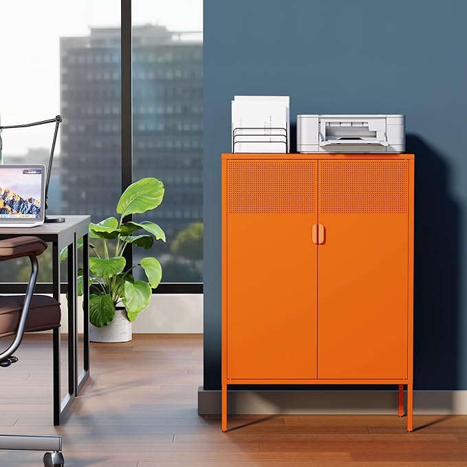Ustamio Orange 3 Tier Metal Storage Cabinet with Legs, 2 Door Metal Locker Style Accent Storage Cabinet with 2 Adjustable Shelves for Home, Office, Entryway and Hallway
