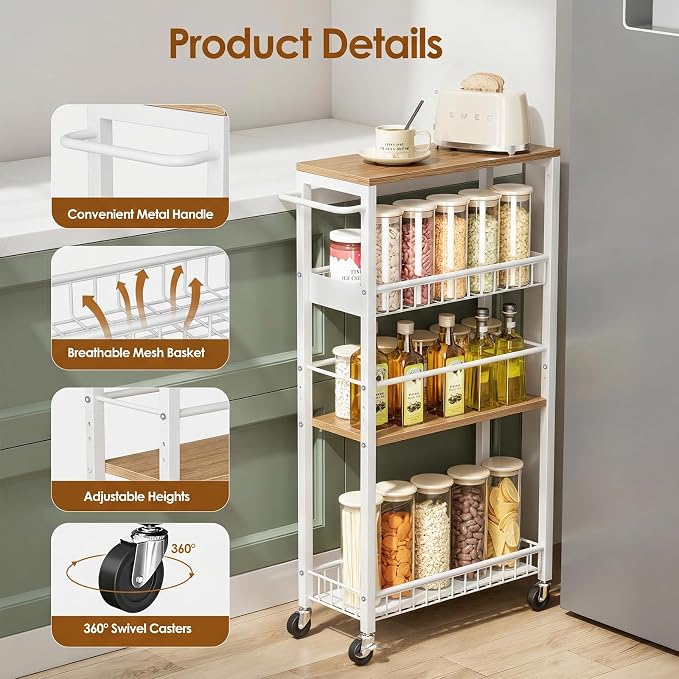 Slim Rolling Storage Cart, 4 Tier Narrow Storage Cart, 7.1in(W) | Metal Kitchen Rolling Cart for Small Spaces, Narrow Shelf for Kitchen, Laundry Room, Bathroom, Living Room