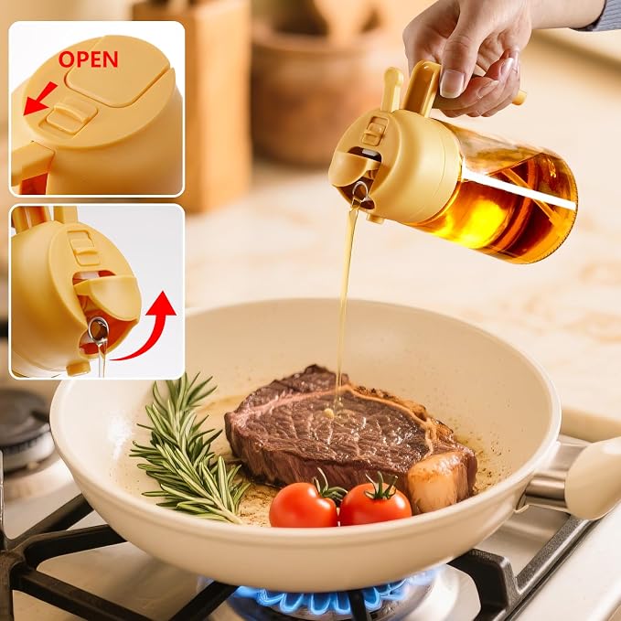 SWEET VIEW Oil Sprayer for Cooking 16oz/470ml | Glass Oil Dispenser/Pour Bottle, Kitchen Accessories, Kitchen Gadgets for Air Fryer, Salad, BBQ, with Stickers (Yellow)