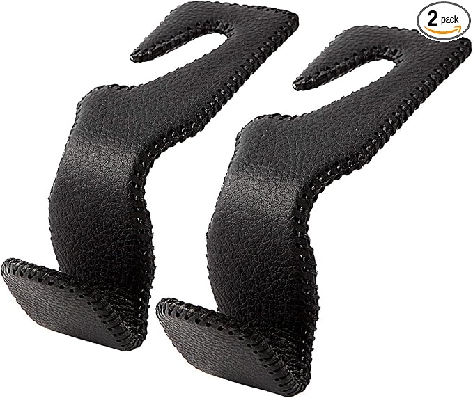 Headrest Hooks for Car, Back Seat Organizer Black Leather Hanger Holder Hook, for Hanging Purses and Bags and Coats, Pack of 2