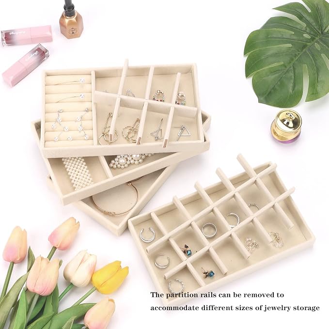 Velvet Jewelry Organizer for Drawer, Stackable Jewelry Drawer Inserts in Dresser, 8in Beige Storage Display Case for Rings Stud Necklaces Accessories, Set of 4