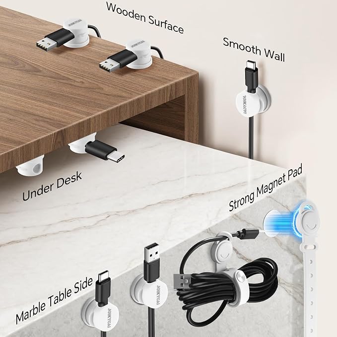 6 Rotatable Spring Desktop Cord Organizer 5 Magnetic Cable Clips Cord Holder for Nightstand Phone Charger Organizer Computer Desk Cable Management Electronics Appliance Adhesive Wire Strap Keeper Tie