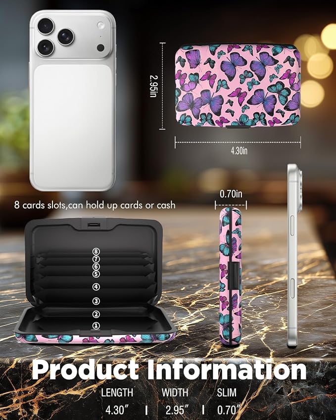 Maicican RFID Blocking Aluminum Credit Card Holder | Slim Metal Wallet for Women & Men, Business Card Case for Travel, Fits Front Pocket, Card holder wallet - Colorful Butterfly