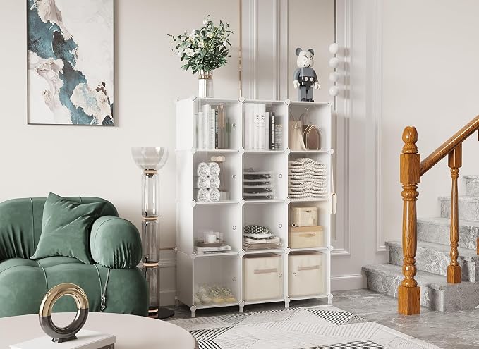 AWTATOS 12 Cube Storage Organizer, Closet Storage Shelves with Doors, White | Portable Closet Organizers, DIY Stackable Storage Cube Shelf, Plastic Clothes Organizer Shelving for Bedroom, Home Office