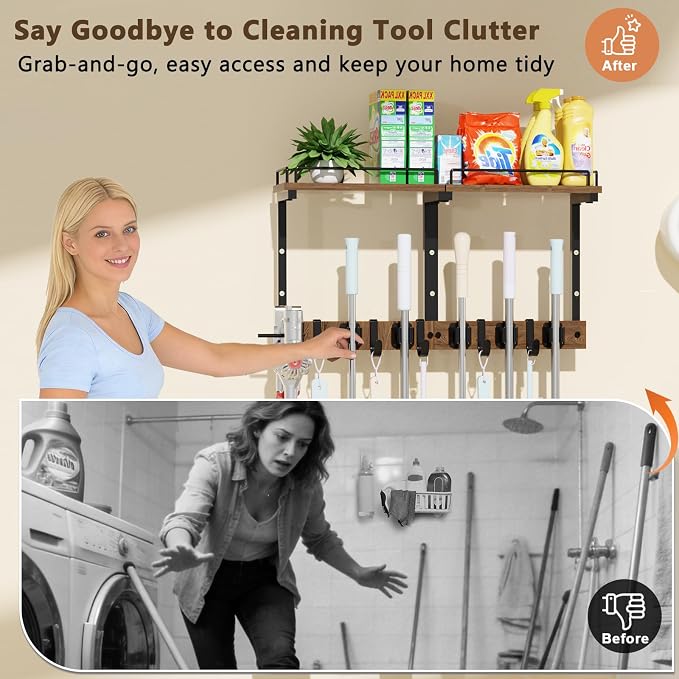 Mop Holder Wall Mount with Cleaning Supplies Organizer, Wood Mop and Broom Hanger Rack Organizer with Anti-Fall Wall Shelf with 5 Clips & Hooks for Garage Laundry Room Kitchen (Brown)