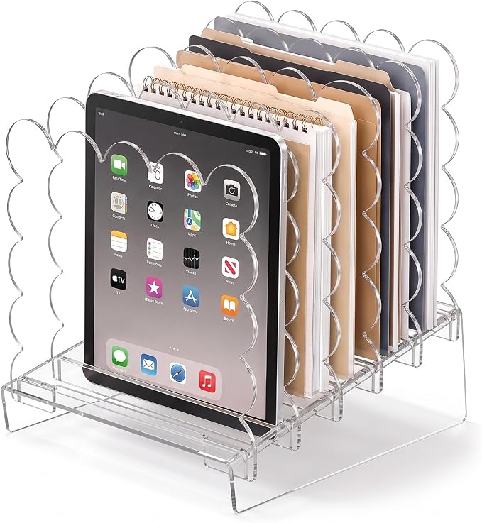 AmazingSpark Acrylic File Organizer for Desk, 5-Slot Acrylic File Sorter with Scalloped Edge, Clear Desktop Holder for Folders, Documents, Notebooks, Clipboards and Mail for Home, Office and School
