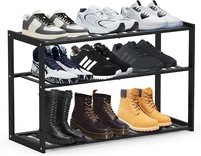 Jripae 3 Tier Bamboo Shoe Rack for Entryway Closet Bedroom Garage-27.5inch | 3 Tier Stackable Shoe Shelf Holder for Men/Women Hallway/Garage, Bookshelf, Flower Rack, Home Space Saving