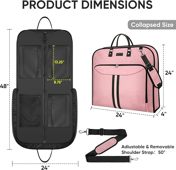 BALEINE Travel Garment Bag, Travel Suit Bag for Men, Water Resistant Carry on Garment Bag for Hanging Clothes, Garment Duffel Bag for Travel Business (Pink, 48")