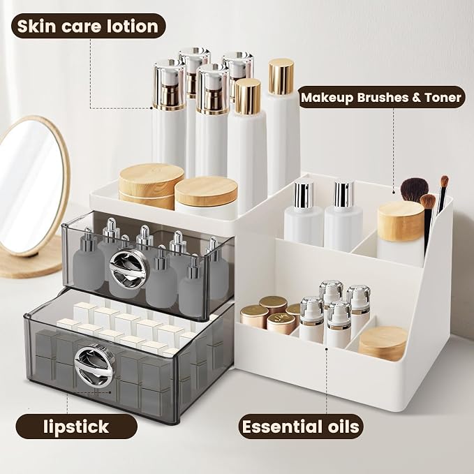 Sunkaioo Makeup Organizer with Clear Drawers,Plastic Skincare Organizers for Vanity,Large Capacity Makeup Organizer Countertop for Cosmetics, Skincare,Office Stationery (Gray Drawer)