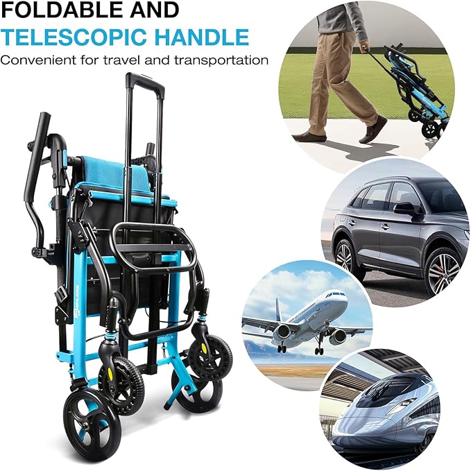 Wheelchairs for Adults Transport Chair Lightweight Foldable with Telescopic Handle, 18-Inch Seat Width Portable Folding Travel Wheel Chairs for Seniors