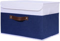 ANMINY Storage Boxes with Lids Washable Decorative Storage Bins Basket with PU Leather Handle Foldable Linen Fabric Storage Cubes Containers for Home Closet Organizer - Deep Blue White, Medium
