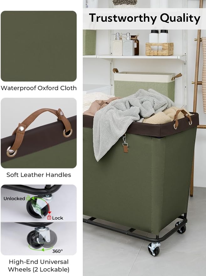 StorageWorks Laundry Basket with Wheels for Clothes, 320L Green Hamper Cart