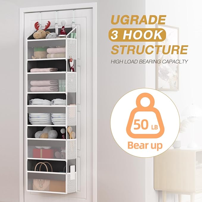 Over the Door Organizer with 5 Front & 10 Mesh Side Pockets, 50LB Capacity Extra Large Hanging Storage Organizer Multi-Room Space-Saving Design with 3 Hook for Closet, Bathroom, Kitchen, Pantry, Grey