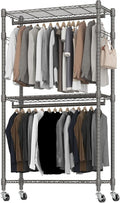 BATHWA Clothes Racks for Hanging Clothes, 35.5" W x 16.5" D x 80.7" H, Rolling Tall Heavy Duty Wardrobe Rack with Shelves & Wheels Metal Freestanding Multifuctional for Bedroom Laundry balcony, Grey