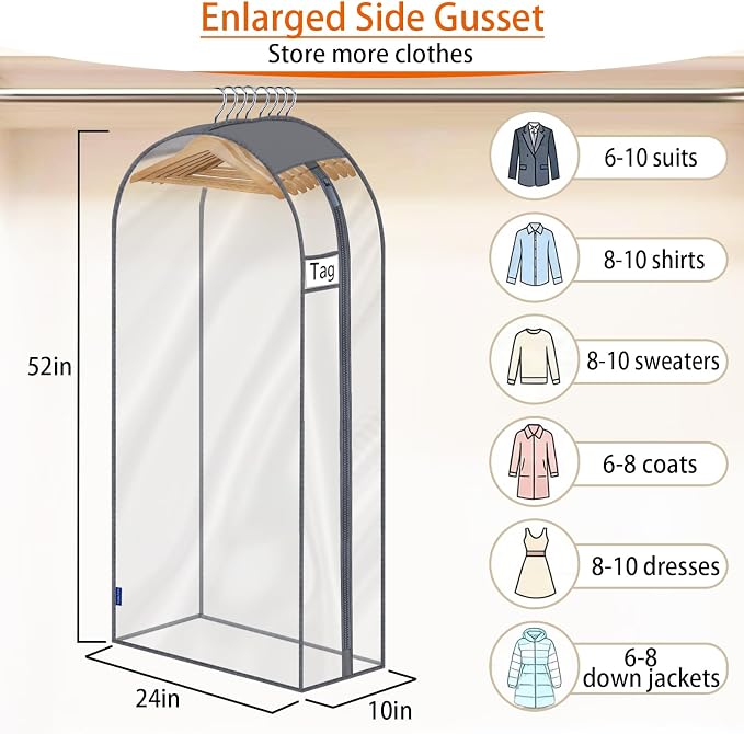 Clear Garment Bags for Hanging Clothes 10" Side Gusset, Suit Bags for Closet Storage, Suit Cover for Shirts Coats Dresses (24"X52"X10" 3Pack)