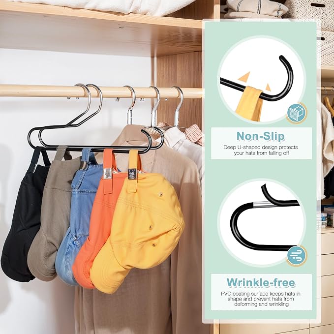 Hat Storage Organizer for Baseball Caps, Lomrsiul Non Slip PVC Coating Hat Rack Hangers for Closet Hat Holder Max 10 Hats Closet Organizers and Storage for Cap Purse Belt Tie Bra Black 4 Pack