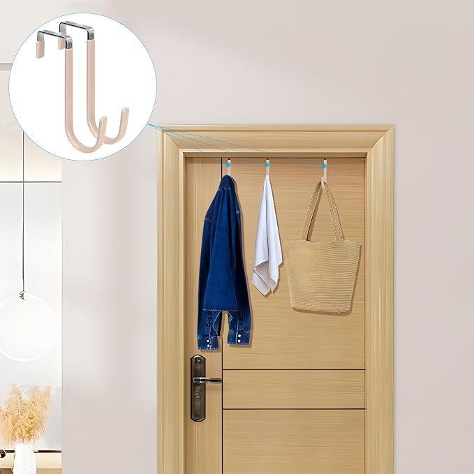 FYY Over the Door Hooks, Single-Hanger 4 Pack, Fits Doors 1 3/8" Nude | Heavy Duty Metal, Hold 20lbs, Rubber-Coated, No-Drilling, for Bathroom Dorm, Hanging Towels Clothes Hats Bags Coats Wreaths