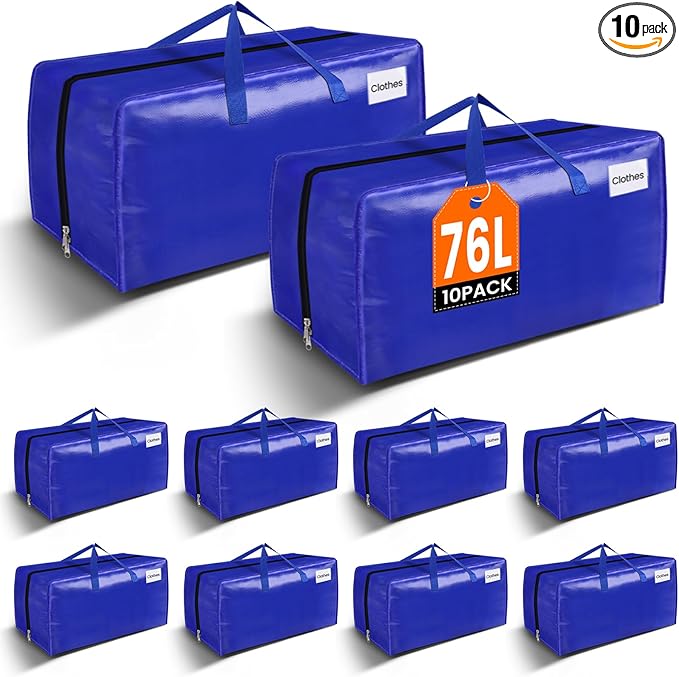 BlissTotes Moving Bags, Heavy Duty Moving Supplies & Storage Bags, Extra Large Packing Bags, Boxes with Tag Pockets, Collapsible Fold Flat Storage Totes, Alternative to Box and Bin, 76L, 10 Packs