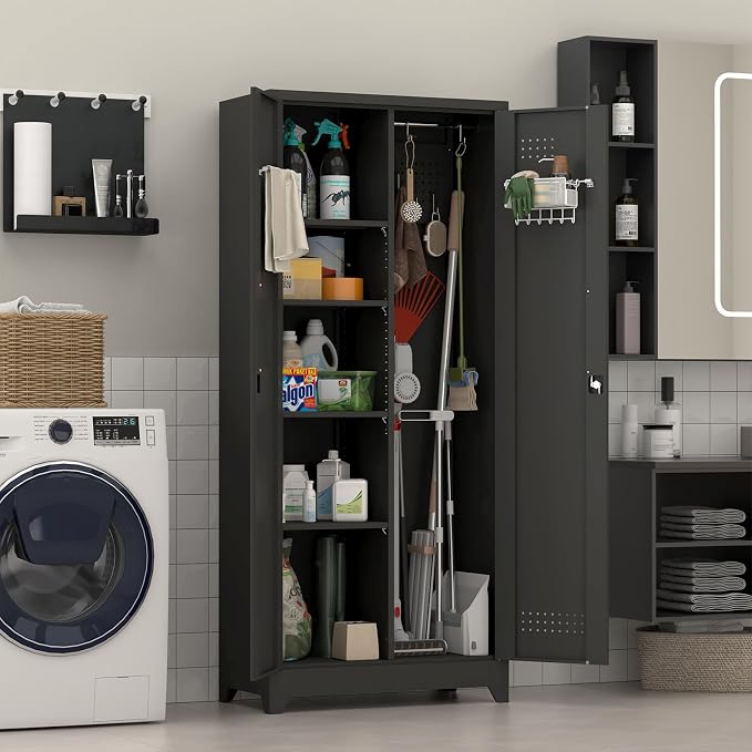 Metal Locking Cabinet, 72.8" Tall Storage Cabinet for Broom, Garage Storage Cabinet with Doors and Shelves, Heavy Duty Tool Cabinet for Home Office, School, Basement,Gym