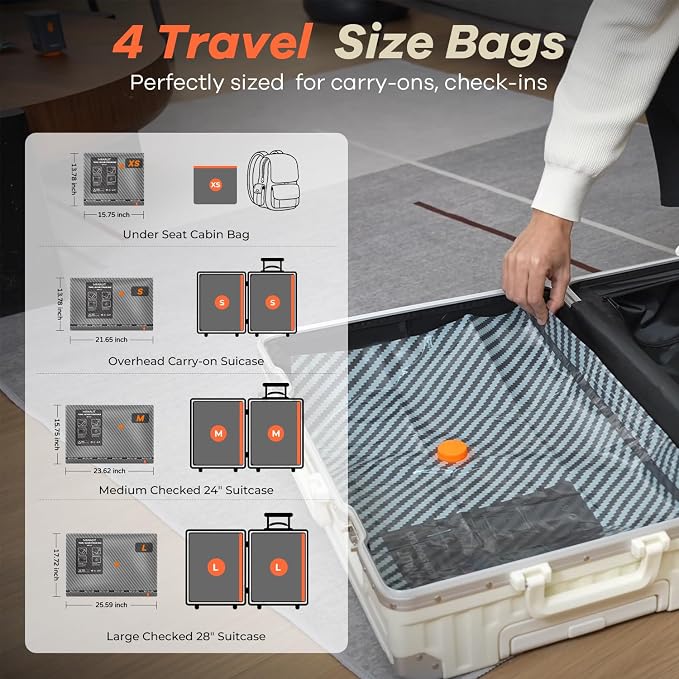 Vacuum Storage Bags for Travel with Rechargeable Pump, Carry on Size Compression Packing Cubes for Luggage and Suitcase, Space Saver Vacuum Seal Bags for Clothing and Clothes, 20 Combo, 4 Travel Sizes