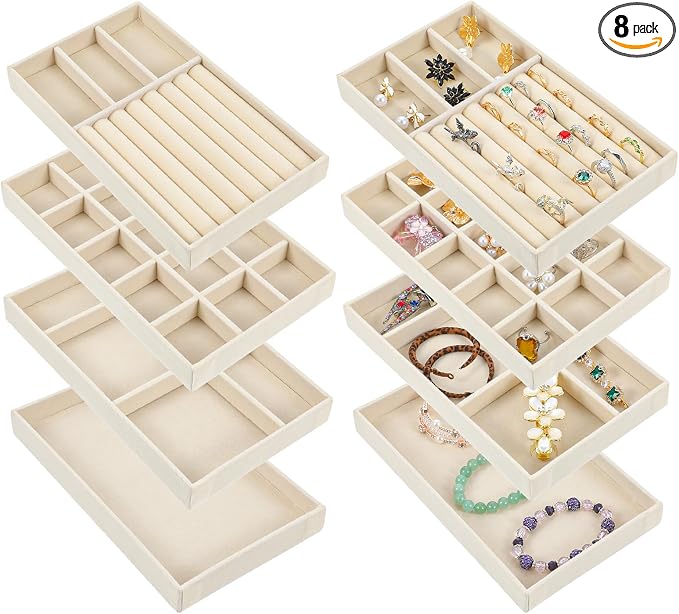 8 Pack Velvet Jewelry Trays Stackable Jewelry Organizer Tray Inserts for Drawer Beige Jewelrys Storage and Display Case for Necklaces Rings Earrings Bracelets
