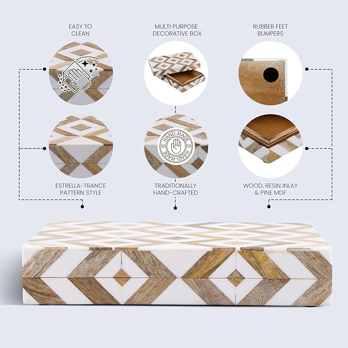 Handicrafts Home White Decorative Storage Box with Lid Wood Remote Control Box Coffee Table Storage Box Remote Holder for Living Room Decor – Resin Inlay Marquet Array Collection - 8x5x2