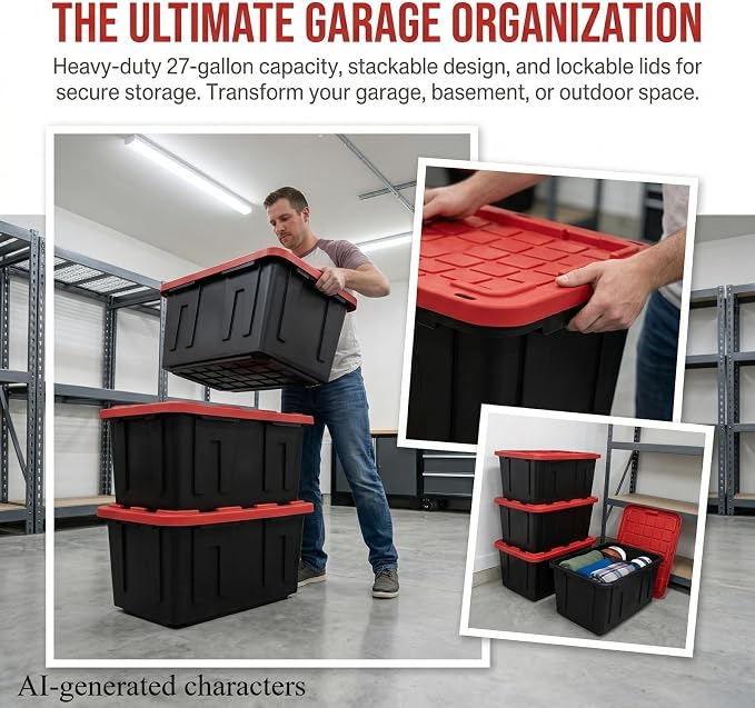 CLMSTE6 Pack Large Storage Bins with Snap Lids, 27 Gallon Black and Red Totes for Garage & Basement, Stackable Heavy Duty Plastic Containers for Home Organization