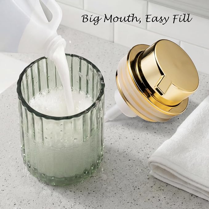 Amolliar Foaming Soap Dispenser, 8OZ Green Glass Soap Dispenser with Plastic Pump, Refillable Hand Soap Dispenser for Bathroom, Kitchen, Shower, Lotion, Dish Soap Dispenser, Home Decor, Gold 2 Pack