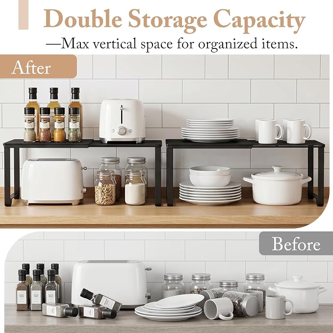 Extendable Metal Wire Shelf Organizer - Adjustable 15-24.4in Length, Stackable Storage Rack for Kitchen/Pantry/Bathroom/Shoe Cabinet/Tool Closet (1, Cream)