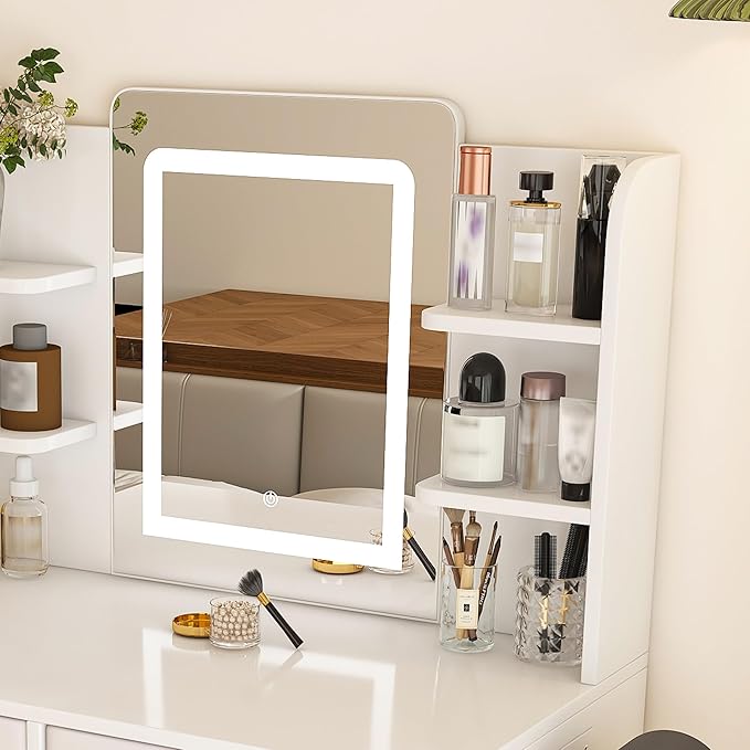 Small Makeup Vanity Desk with Mirror and Lights, Vanity Table with 2 Storage Drawer & Open Shelves, 3 Lighting Colors, Hair Dryer Stand, Adjustable Brightness White Makeup Vanity