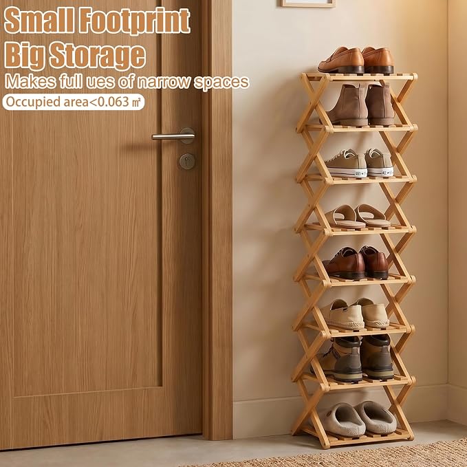 Shoe Racks, Foldable Shoes Organizer FreeStanding Shelf,7 Layers | Natural Functional Multifunctional Design For Entryway Closet Bedroom Hallway