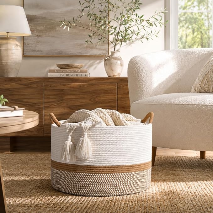 KAKAMAY Large Blanket Basket with Handles, Storage Basket for Living Room | Extra Large Capacity | Natural Cotton Rope | Blanket Storage | Woven Basket | Stuffed Animal Storage | Laundry Basket