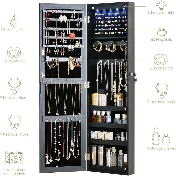 Full Length Mirror Jewelry Cabinet Organizer Lockable Door Wall-Mounted Jewelry Armoire with Shelves and Behind the Door Storage Black