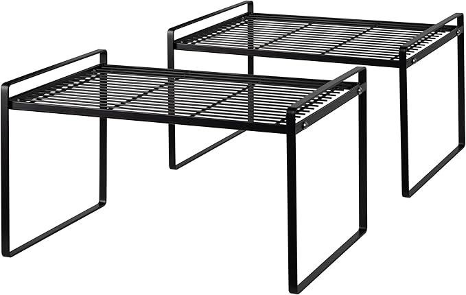 Shantton 2Pack Kitchen Cabinet Shelf Counter Organizer Rack Pantry Storage Bathroom Bedroom Office Table Desk Space Saving Stackable Rust Resistant Non Slip Black Tall Wide L13.1in W10.6in H9.5in