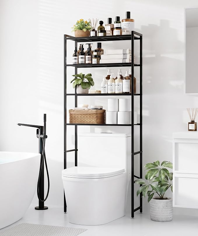 4-Tier Over The Toilet Storage Rack, Bathroom Organizer with One-Piece Metal Mesh Shelves, Over Toilet Shelf with Adjustable Feet & Anti-Tip Kit, Space-Saving Bathroom Storage, Black