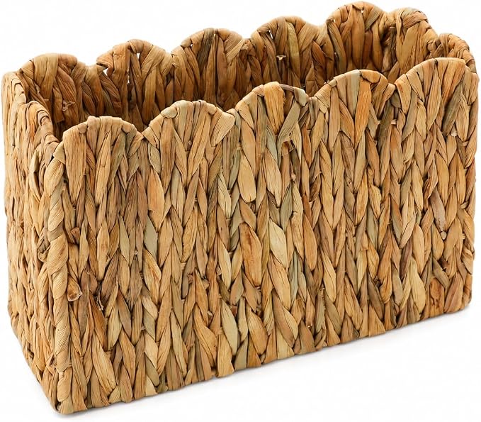 Water Hyacinth Magazine Holder, Tall Narrow Scalloped Basket | Wicker Book Basket Natural Water Hyacinth Scalloped Edge Magazine Basket Desk, Office, Entryway Storage 15"L x 6"W x 11"H