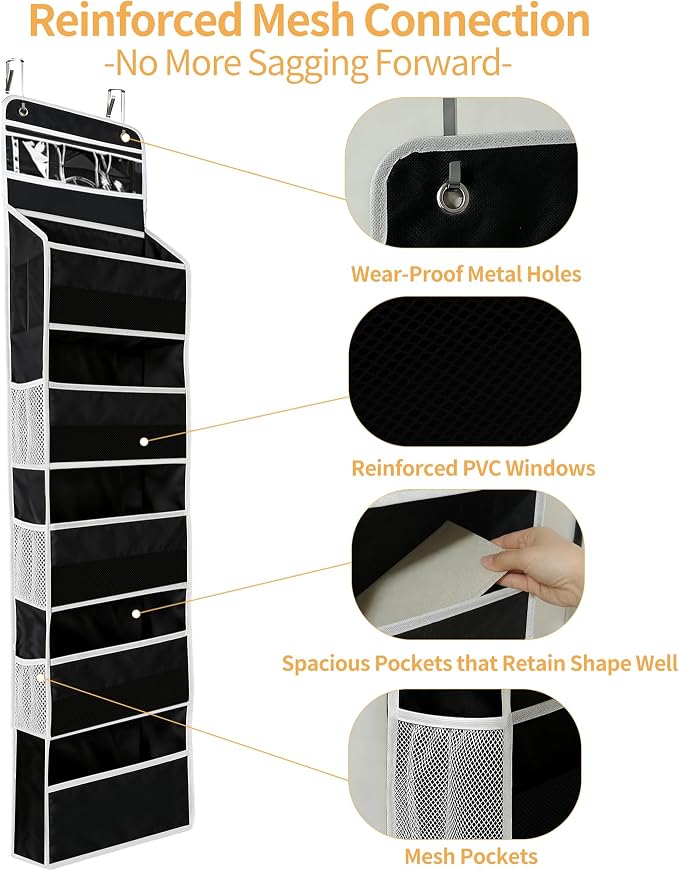 Over the Door Organizer, Door Storage Organizer with Large Capacity Pockets, Hanging Shelves for Bedroom, Closet, Dorm, Pantry (Black, 6-Tier)