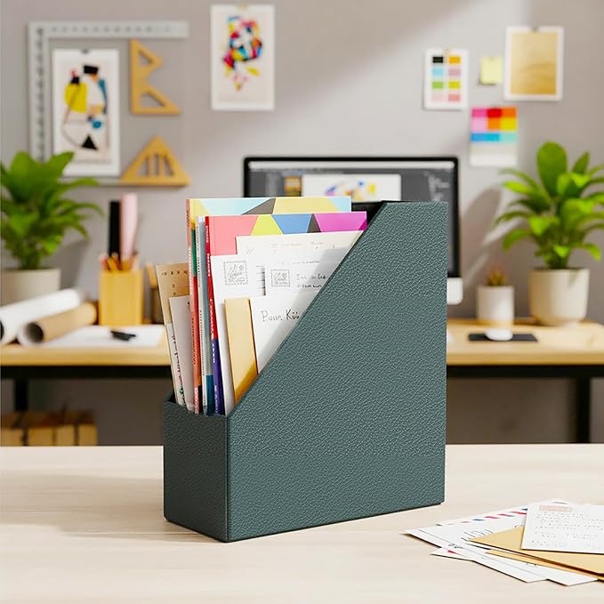 UnionBasic Magazine File Holder, Leatherette Desktop Document Organizer, Home Office Paper Holder File Storage Literature Sorter, Dark Ivy