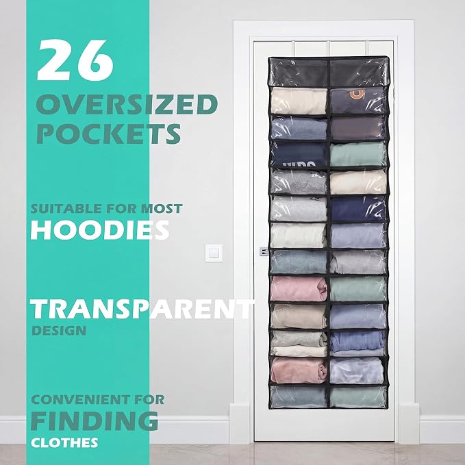 Over The Door Hoodie Organizer 26 Clear Pocket Sweatshirt Organizer with 3 Hooks Hanging Sweatshirt Hoodie Rack Holder Cabinet Behind The Doors for Dormitory Bedroom Closet Storage(Black)