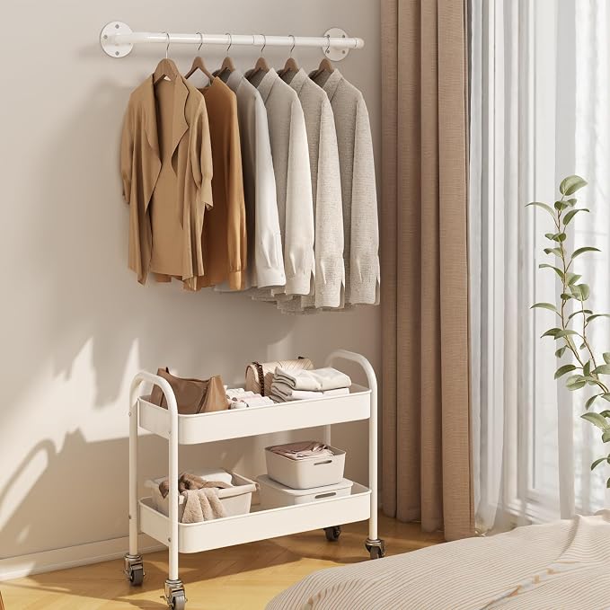 ERYTLLY Industrial Pipe Wall Mounted Clothes Rack,38 Inches Heavy Duty Detachable Garment Rack,Multi-purpose Hanging Rod for Closet,White