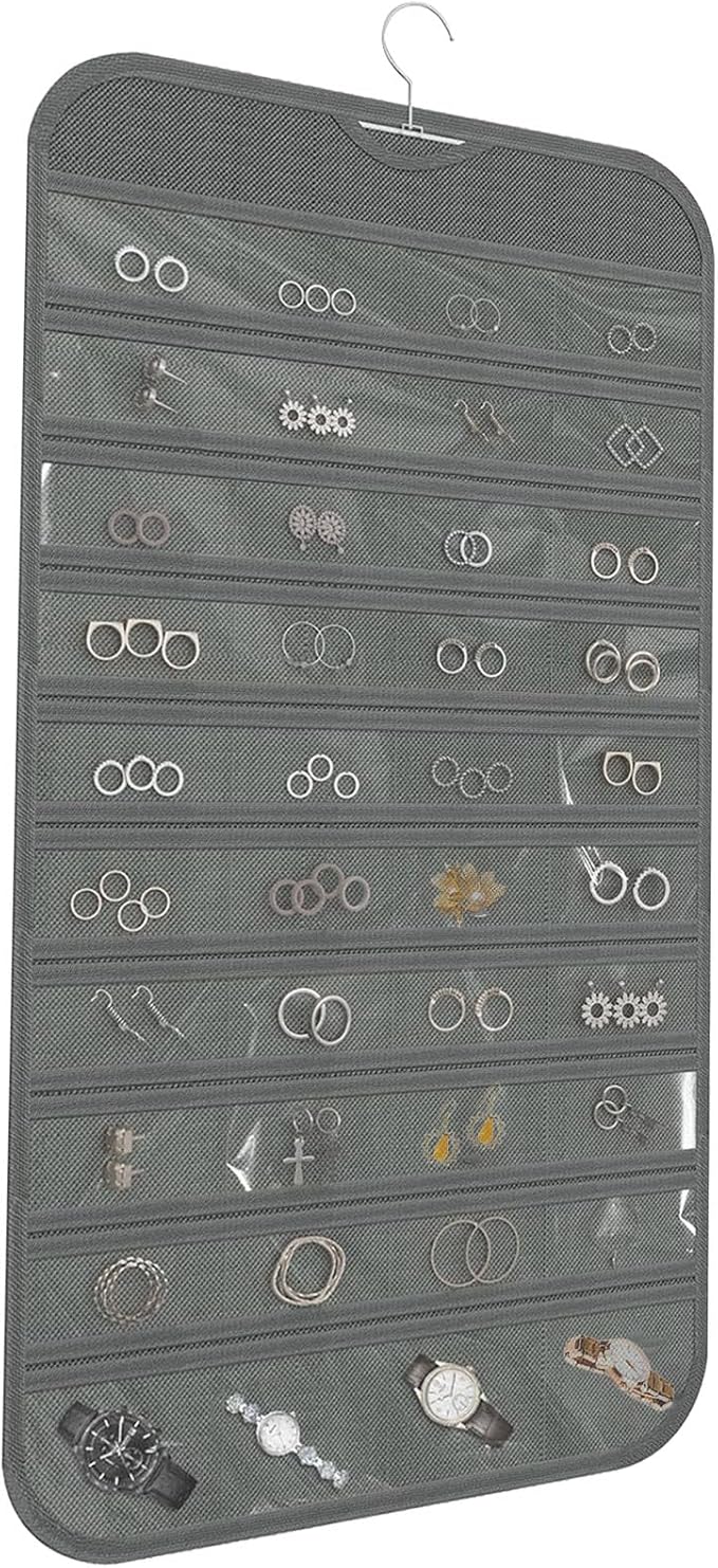 Hanging Jewelry Organizer, Gray, 80 Pocket | Double-Sided, For Earrings Necklace Bracelet, Clear PVC Window, For Closet, Door, Wall, Travel