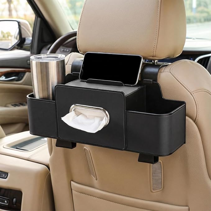 Car Back Seat Organizer, 3-in-1 Auto Seat Back Organizer with Tissue Box, Cup Holders & Hooks, Multifunctional Vehicle Backseat Hanging Organizers for Phones Drinks Handbags (Black)