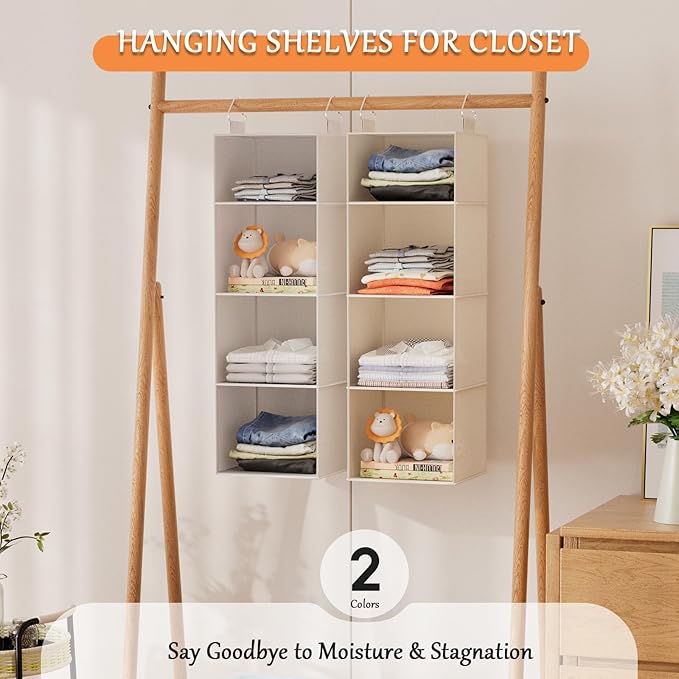 VERONLY Hanging Closet Organizer with Bamboo Shelves - Foldable Closet Storage for Baby Clothes, Towels, Scarves,Space Saving Shelves Organizer (White)