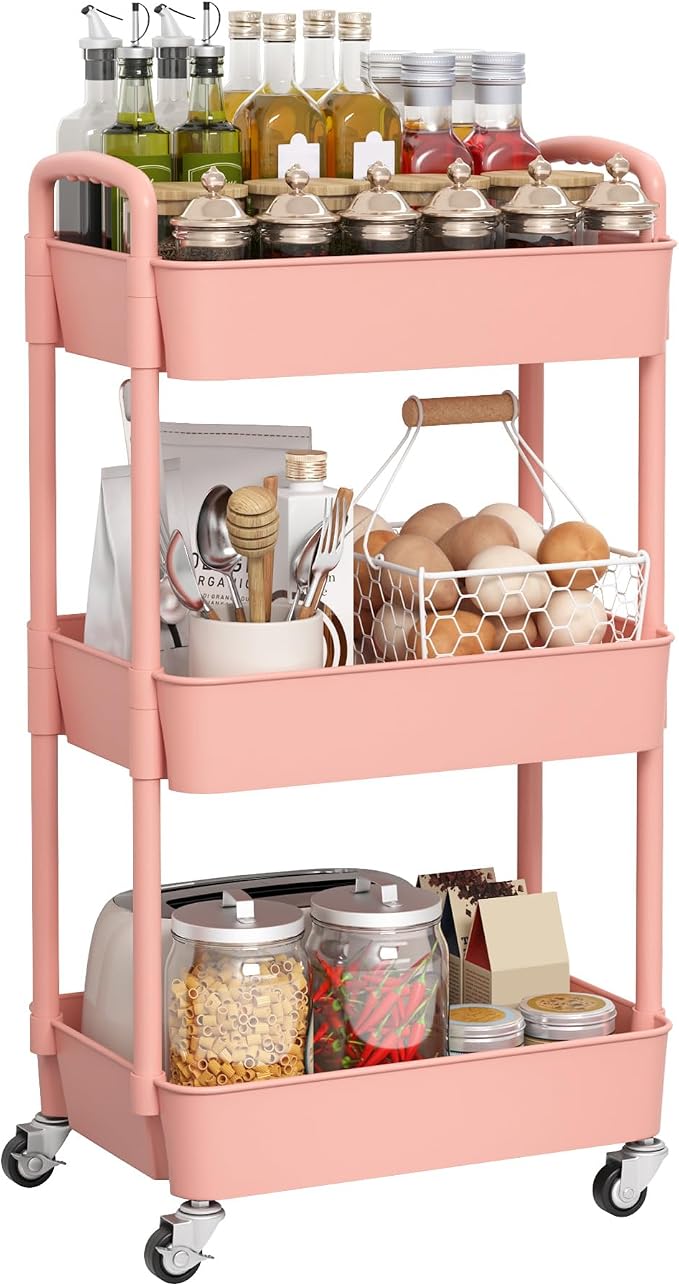Sywhitta 3-Tier Plastic Rolling Utility Cart with Handle, Multi-Functional Storage Trolley for Office, Living Room, Kitchen, Movable Storage Organizer with Wheels, Pink