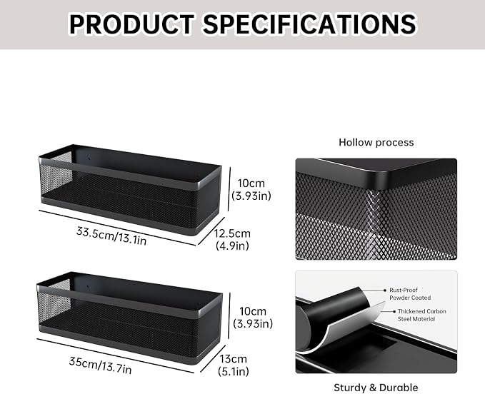 2-Pack Magnetic Spice Rack for Refrigerator, Magnetic Shelf with Tall Guardrails to Prevent Falling - Strong Magnet Organizer for Kitchen, Pantry, Cabinet & Laundry Room (Black)