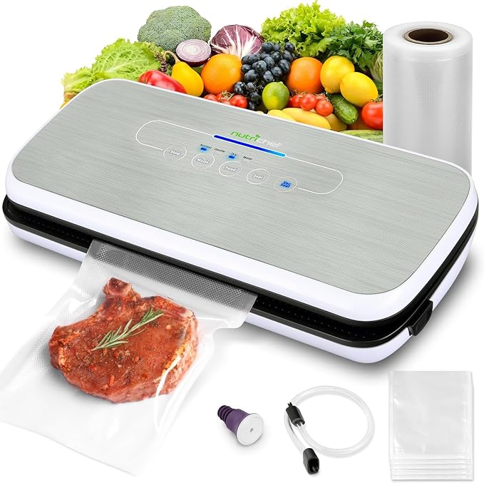 NutriChef Automatic Vacuum Air Sealing System for Food Preservation with Starter Kit, Compact Design, Lab Tested, Dry & Moist Food Modes with Led Indicator Lights, Silver