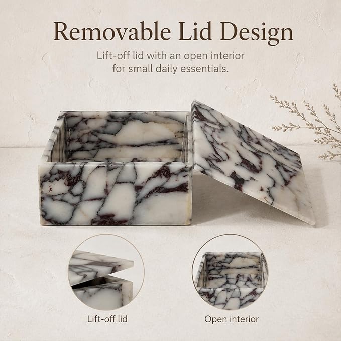 Natural Marble Square Jewelry Box with Lid, 5.91 in | A square natural marble box with lift-off lid for jewelry, cotton pads, and a cleaner dresser display.