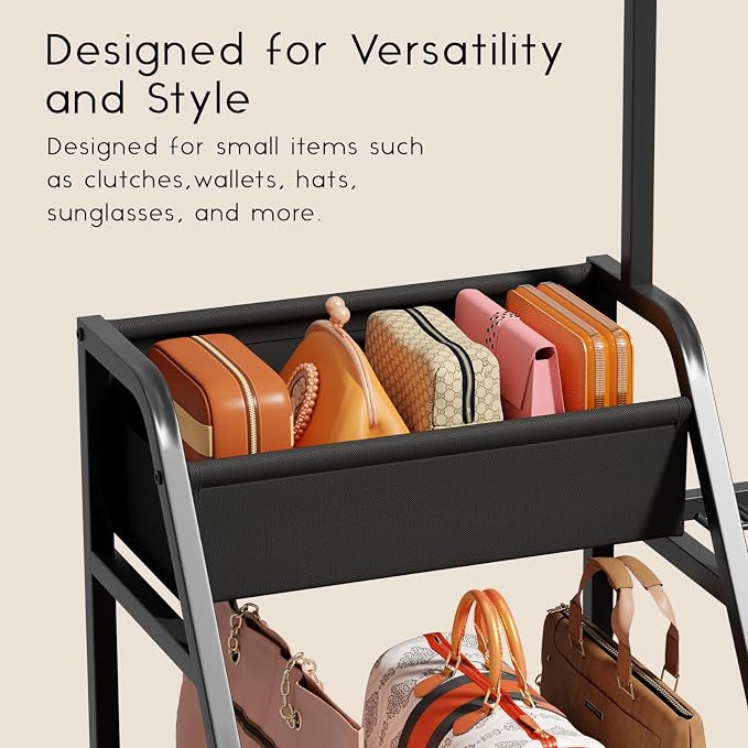 Homsorout Purse Organizer for Closet - Purse Rack Stand with 12 Hooks, 2 Wooden Shelves Purse Storage for Closet, Large Capacity Backpack Storage, Handbag Organizer for Home, Living Room, Black