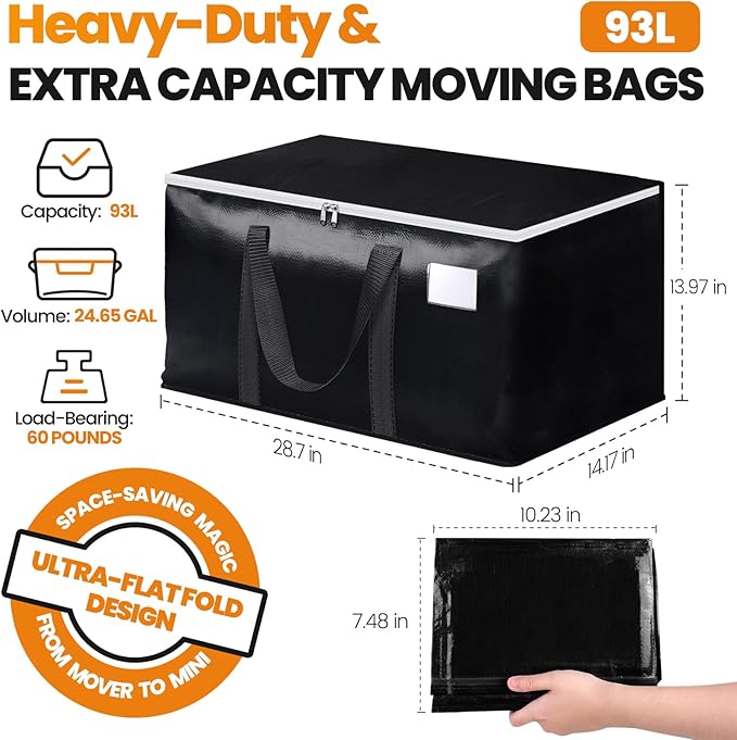 StoreHappily Heavy-Duty & Extra Capacity Moving Bags with Backpack Straps, Storage Totes with Double Zipper & Strong Handles, Packing Bags Alternative to Moving Boxes, Moving Supplies (2 Pack, Black)