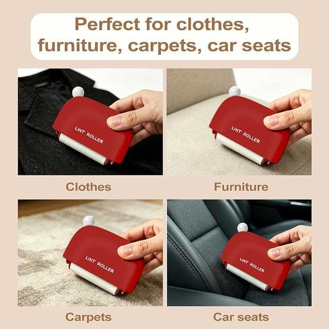 Disposable Mini Lint Roller with 4 Refills, ChristmasRed | Portable, Easy Tear Residue-Free, Pocket-Sized for Travel Clothes, Furniture, Carpets, Pet Hair Remover, Fits in Wallet Bag